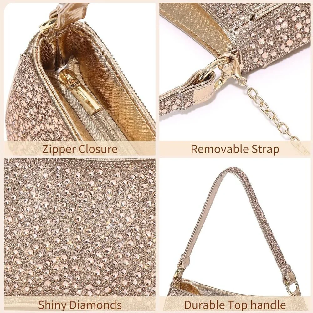Gold Rhinestone Women's Clutch Purse Evening Bag with Zipper Closure and Adjusta